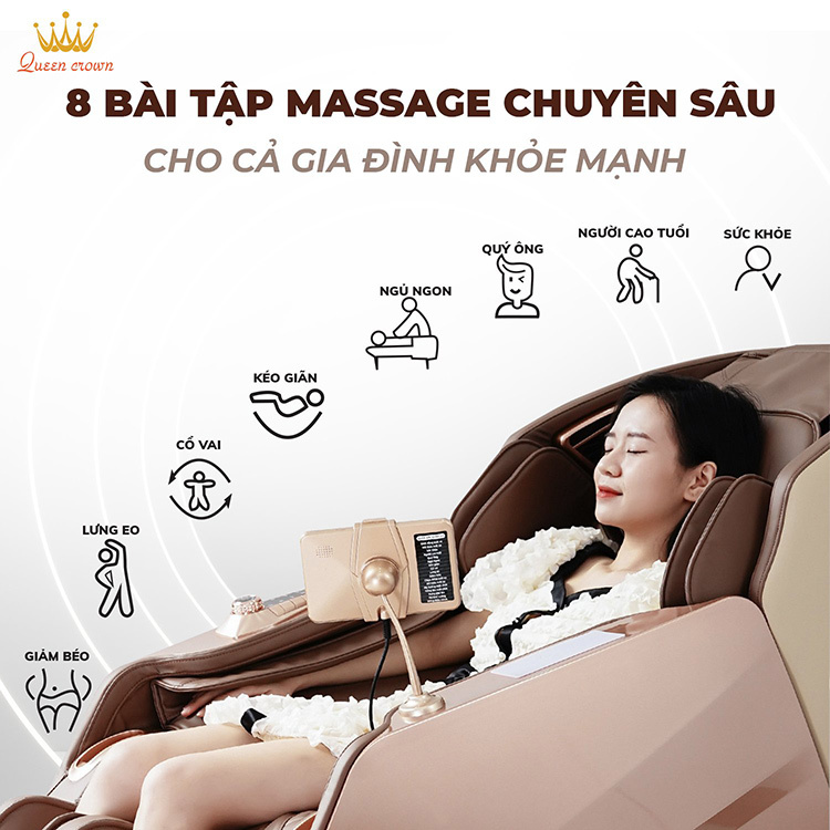 Ghế massage Queen Crown QC A7 thiết lập 8 bài tập chuyên sâu