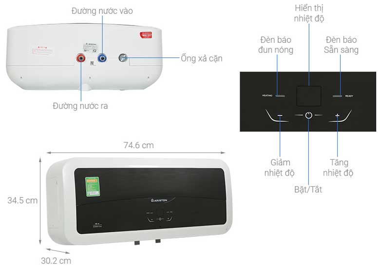 Máy nước nóng Ariston SL2 30 LUX-D AG+ Wifi - Kích thước thực tế