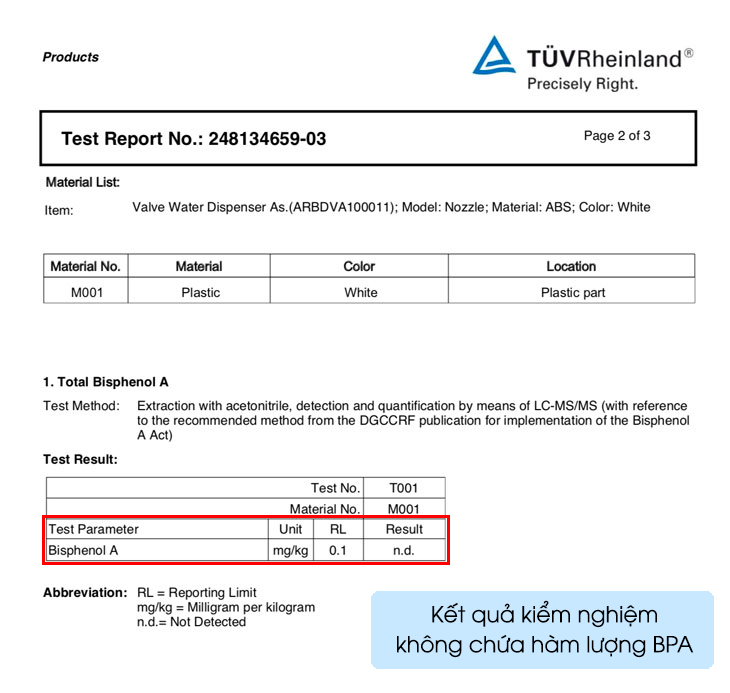 Kết quả kiểm nghiệm không chứa BPA